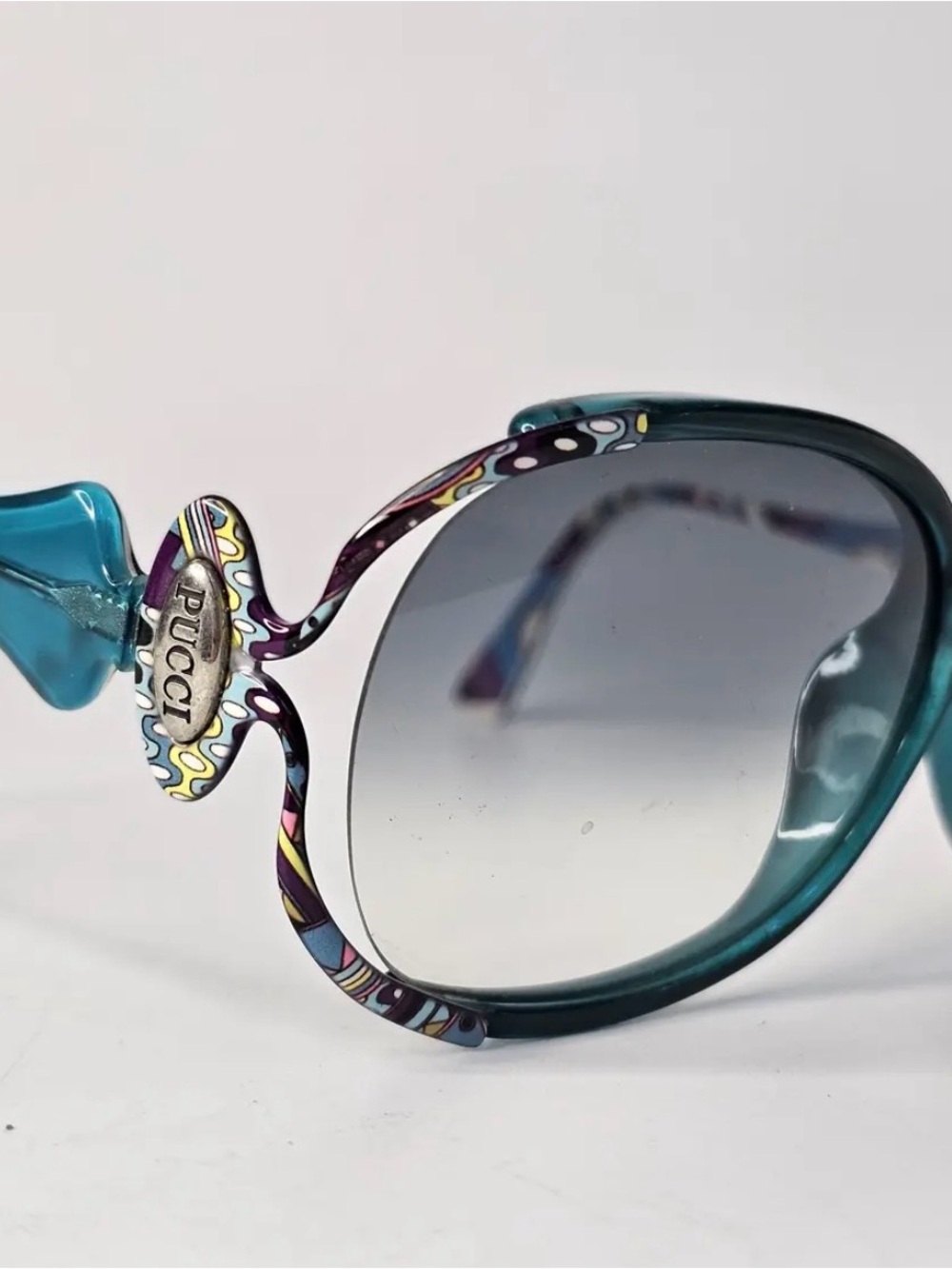 Emilio Pucci Teal Frame Sunglasses with Multicolor Patterned Temples